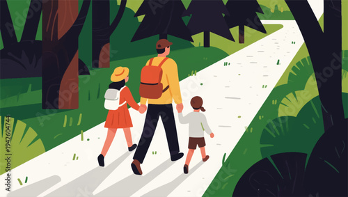 Illustration Of A Family On An Adventure Along A Nature Trail Vector Design Template