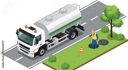 Sanitation worker with safety vest performing sewer maintenance beside large tanker truck near open manhole with traffic cone, urban infrastructure, public safety, and environmental services 
