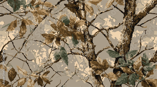 Realistic Woodland Hunting Camouflage Seamless Pattern with Tree Bark and Oak Leaves A high-definition, realistic forest camouflage texture featuring intricate details of deciduous tree bark