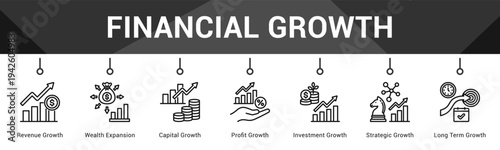 Financial Growth  Modern and clean web banner illustration vector featuring thematic icons