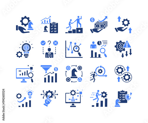 Business Strategy Icon Collection,  featuring Planning, Growth, Development, Data Driven, Decision Making, Continuous Improvement, Agility.