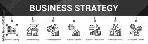 Business Strategy  Modern and clean web banner illustration vector featuring thematic icons