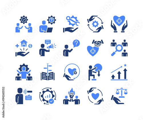Organizational Support Icon Collection,  featuring Helpdesk Support, Service Assistance, Welfare Aid, Advocacy Program,Service, Empowerment, Human Resource.