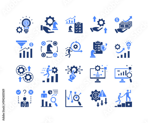 Innovation Strategy Icon Collection,  featuring Strategic Planning, Innovation Strategy, Market Analysis, Competitor Insight, Risk Control, Technology Growth, Digital Strategy.
