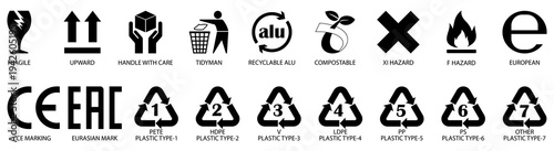Packaging symbols collection including fragile glass, arrows up, keep dry umbrella, trash bin, CE compliance mark and plastic recycling codes PET HDPE PVC LDPE PP PS. Ideal for shipping boxes,
