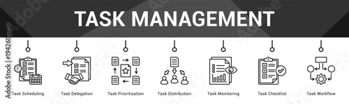 Task Management  Modern and clean web banner illustration vector featuring thematic icons