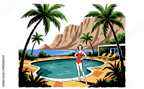 Summer retreat artwork. Tropical villa getaway design. Vintage beach club vibe. Retro poolside leisure graphic for print, poster, and sticker.