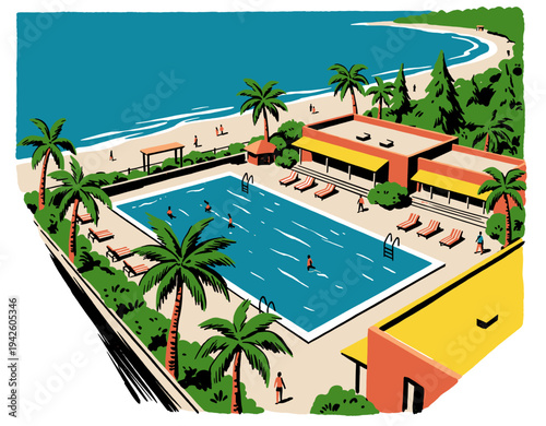 Summer resort escape. Coastal paradise artwork. Tropical poolside vibe. Vacation club print design. Sunny beach house illustration.