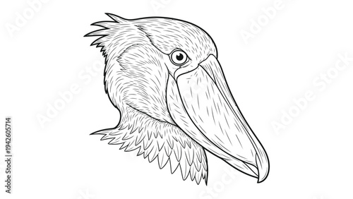 The Mysterious Shoebill Stork: Intricate line art reveals a Shoebill stork, a bird renowned for its distinct, shoe-shaped bill.