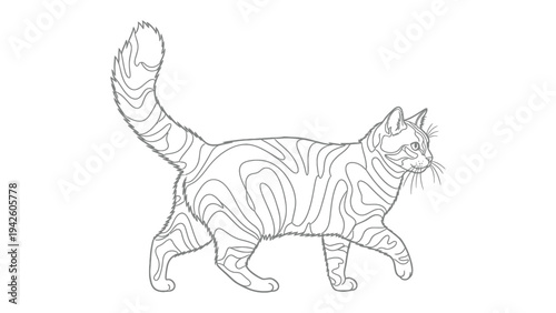 Walking Cat Line Art: A sleek line art illustration showcases the elegant silhouette of a walking cat, its form defined by intricate curves and graceful movement.