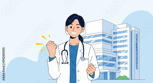 Happy female doctor wearing a white coat and stethoscope winks and makes a fist pump gesture in front of a modern hospital.