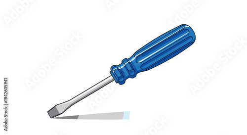 Professional flathead screwdriver with a blue textured handle is shown at an angle with a subtle shadow on a white background.