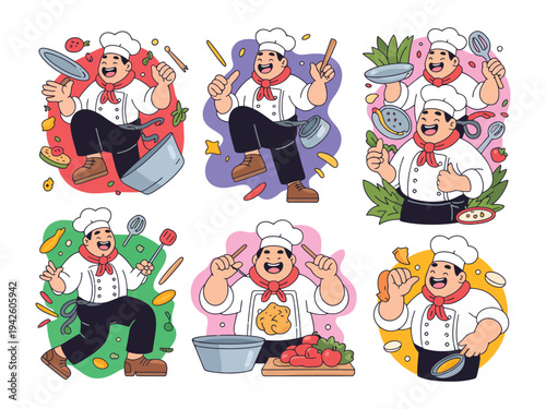 Six cheerful chefs prepare food.