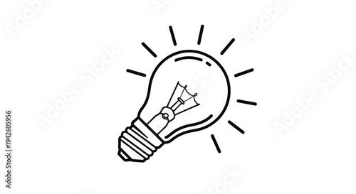 Minimalist light bulb line icon with radiating rays represents ideas, innovation, and creative thinking on a white background.