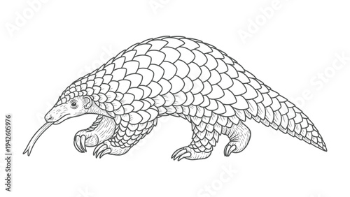 Pangolin's Artistic Stroll: A detailed drawing of a pangolin, showcasing its unique scales and posture, with the tongue extended, revealing the fascinating details of this unique creature.