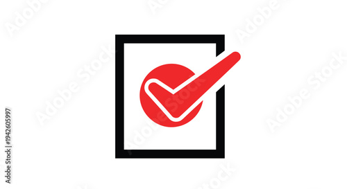 Large red checkmark and circle icon are placed inside a bold black square frame to represent a completed task or success.