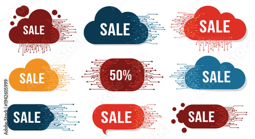 Variety of digital sale banners shaped like clouds and rectangles feature electronic circuit patterns and promotional text.
