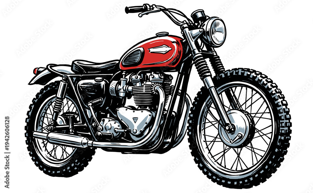 Obraz premium Classic Scrambler motorcycle. Vintage road power illustration for t-shirt print, poster, sticker. Retro bike culture. Extreme motor adventure.