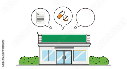 Clean illustration of a pharmacy building features speech bubbles showing a prescription and pills for medical concepts.