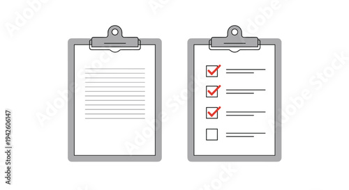 Two clipboards are shown side by side with one containing a blank document and the other showing a completed checklist.