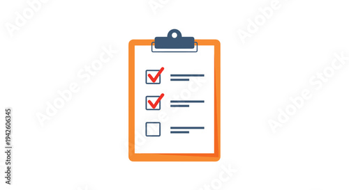Clipboard with an orange frame contains a checklist with red checkmarks and one empty box for task management and tracking.
