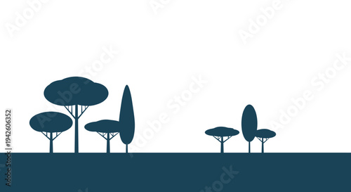 Silhouetted trees in various shapes and sizes are depicted in a dark blue color against a plain white background landscape.