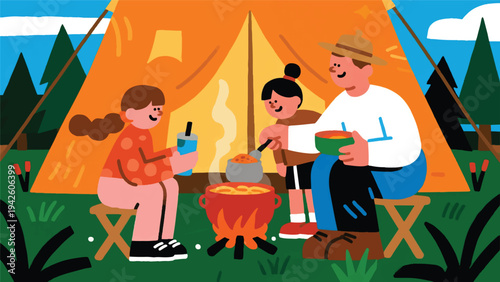 Illustration Of A Family Cooking A Simple Meal Using Camping Equipment Vector Design Template