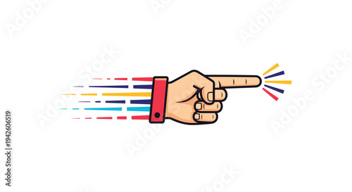 Stylized human hand pointing a finger to the right with colorful motion lines suggesting speed and direction in a clean modern flat graphic design.