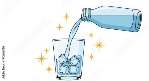 Fresh cold water pouring from a glass bottle into a drinking glass filled with ice cubes and sparkling stars symbols against a white background.