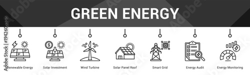 Green Energy  Modern and clean web banner illustration vector featuring thematic icons