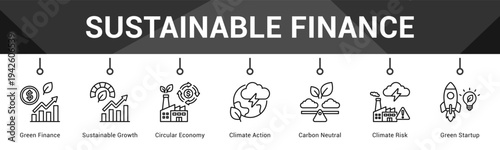Sustainable Finance  Modern and clean web banner illustration vector featuring thematic icons