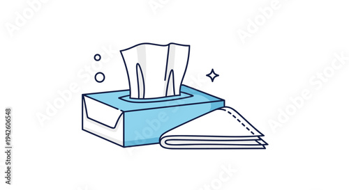 Blue tissue box with soft white paper tissues sticking out and a folded napkin on the side decorated with simple sparkle and circle elements.