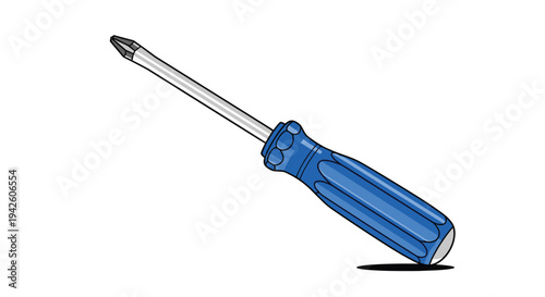 Phillips head screwdriver tool with a blue textured plastic handle and metallic tip shown at an angle with a slight shadow on a white background.