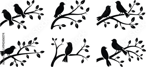 Birds on branch silhouette set vector illustration, black avian clipart collection with perched birds and tree branches, nature wildlife design elementsPrint