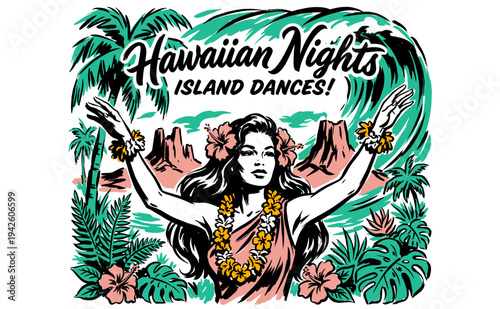 Island Paradise Vibes. Tropical sunset graphic print. Coastal vacation artwork. Surfing club vintage design for t-shirt, poster, and sticker.