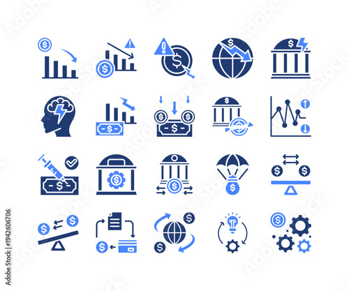 Economic Recovery Icon Collection,  featuring Economic Crisis, Financial Crisis, Inflation Rate, Bankruptcy Risk, Monetary Policy, Fiscal Stimulus, Global Economy.