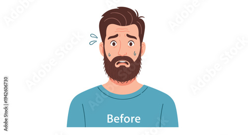 Close up portrait of a bearded man with a worried and stressed facial expression with sweat droplets and text indicating a before state.