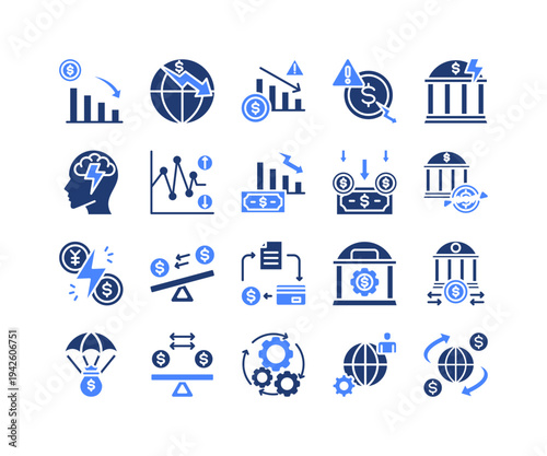 Economic Crisis Icon Collection,  featuring Recession, Inflation, Bankruptcy, Volatility, Credit, Liquidity, Global Economy.