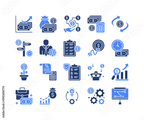 Financial Planning Icon Collection,  featuring Finance, Budget, Income, Cash Flow, Planning, Investment, Tax.