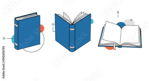 Set of three blue hardcover books shown in different positions including closed partially open and fully open to represent reading and study.