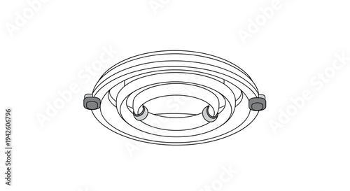 Technical illustration of a circular fluorescent light bulb with metal connectors and a double ring design for energy efficient indoor lighting.