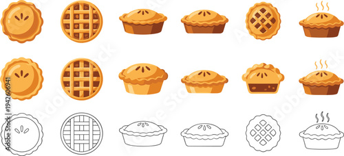 Cartoon Pie Dessert Vector Set with Baked Fruit Pies, Lattice Crust Pastries, and Sweet Bakery Treat Illustration Collection