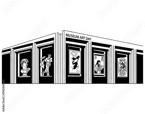 Modern museum art day building exterior with gallery windows displaying classical sculptures, paintings, and ancient artifacts, minimalist black and white vector illustration.