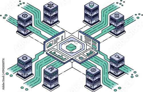 An illustration depicts a futuristic network of servers and circuits connected to a central processing unit.