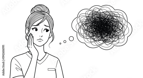 Line art drawing of a woman in a medical uniform looking worried with a large messy thought bubble representing stress anxiety and confusion.