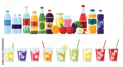 Large variety of bottled beverages and glasses of colorful fruit juices and sodas with ice and straws for refreshments and drink options.