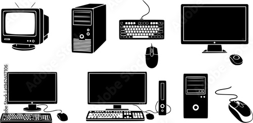 Collection of Vintage and Modern Desktop Computer Set Icons
