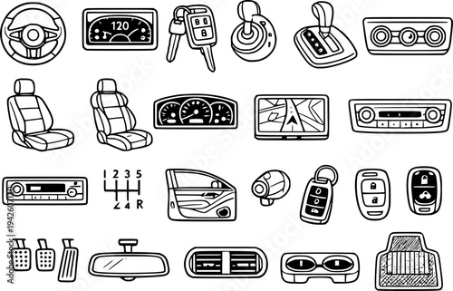 Automotive Car Parts and Interior Accessories Black White Line Art Icon Set. Outline symbols for vehicle elements, steering wheels, seats, dashboard, and keys