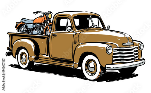 Classic road trip. Vintage pickup truck with motorcycle illustration. Retro haul graphic print for t-shirt design, poster, sticker, and art prints.