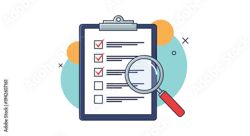 Clipboard with a checklist of items marked with red check marks and a magnifying glass used for auditing verification and quality control.